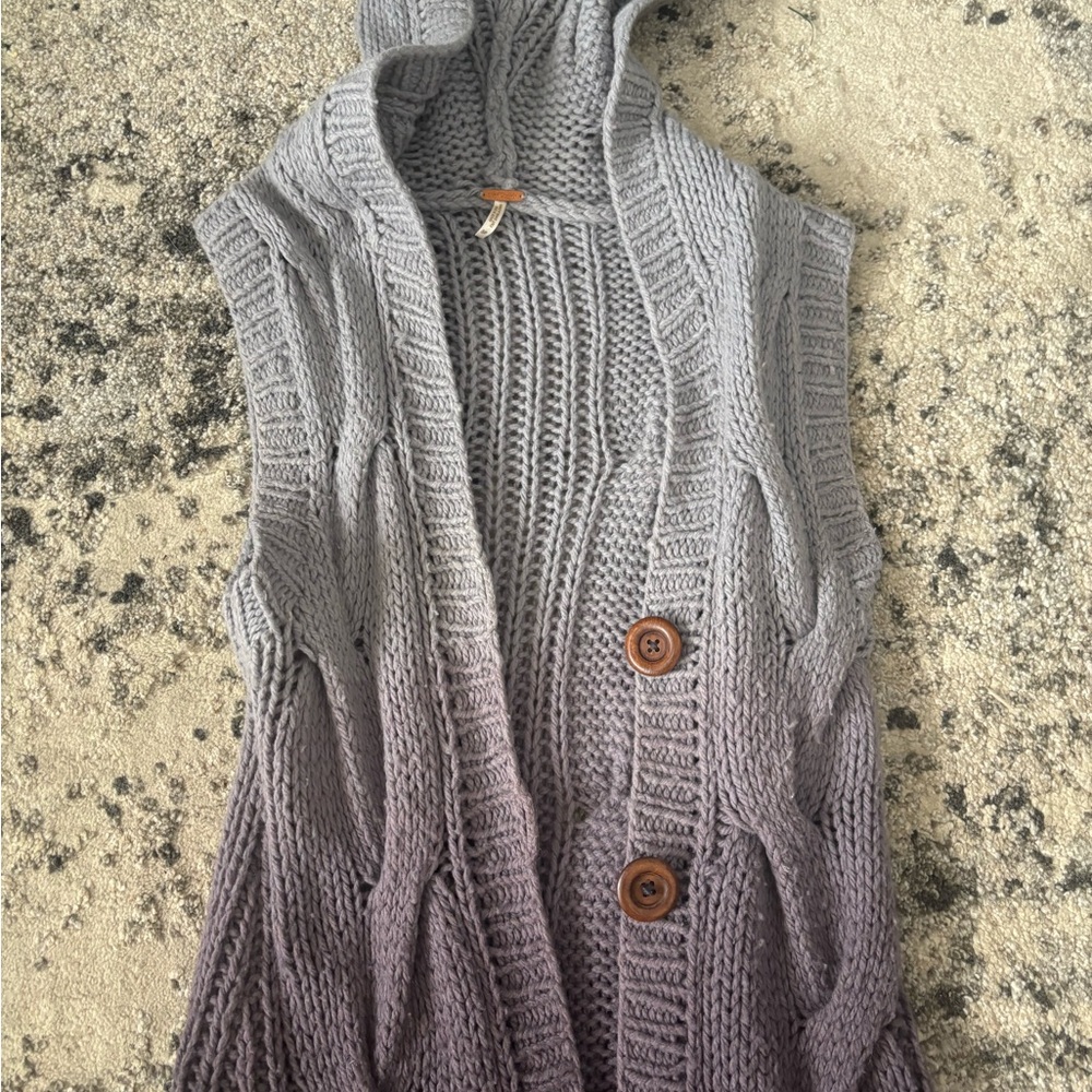 Free People Gray Cable Knit Women's Hooded long cardigan Sweater - Picture 2 of 4